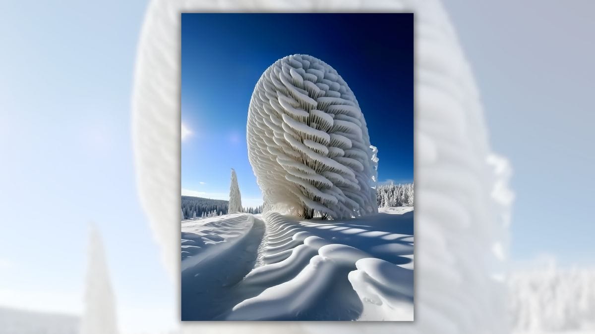 A tree is shown covered in ice. Snow seems to compeltely surround it.