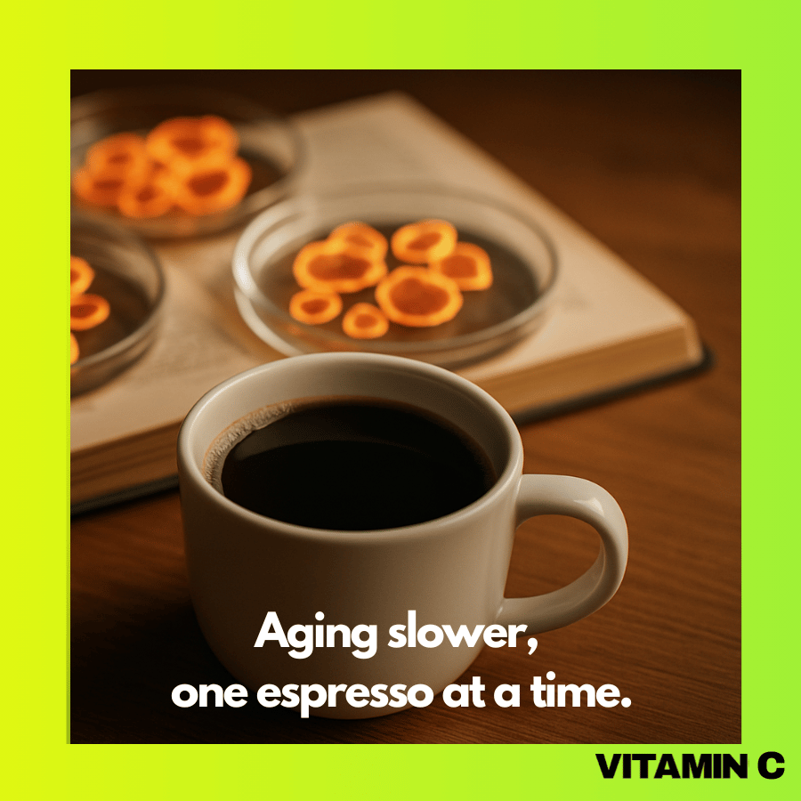 A steaming cup of coffee in front of petri dishes with glowing mitochondria, illustrating coffee's potential anti-aging effects - taken from Vitamin C newsletter, written by Lia Carlucci