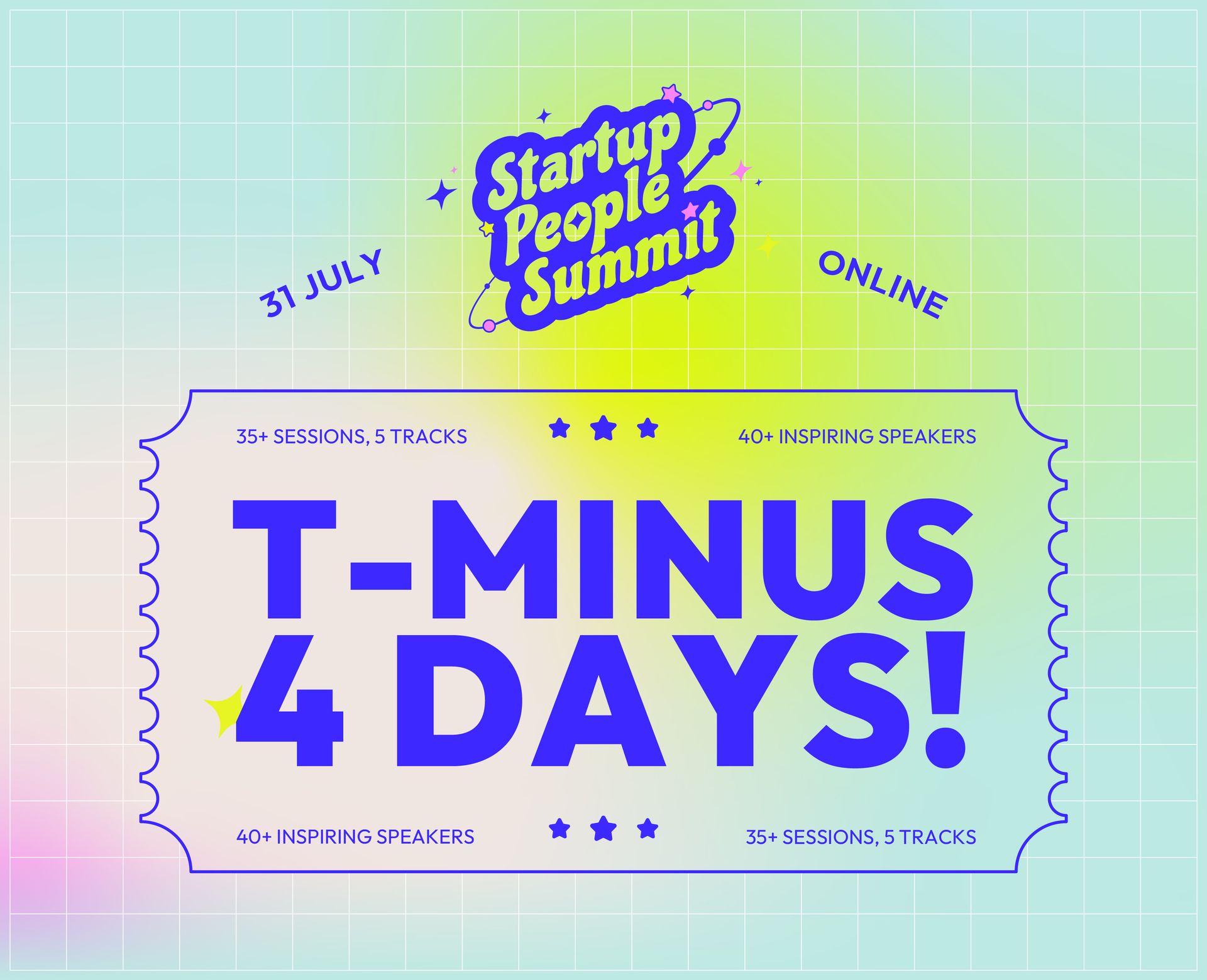 Startup People Summit promotional banner: gradient background featuring the Startup People Summit logo, and text that says "t-minus 4 days!'