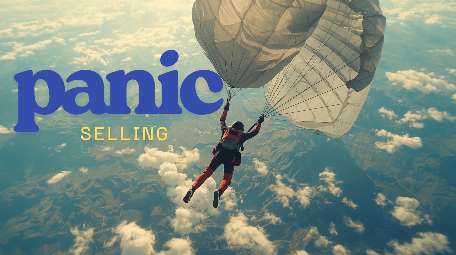 A skydiver opening a parachute far too early, symbolising panic selling before the market recovers.”