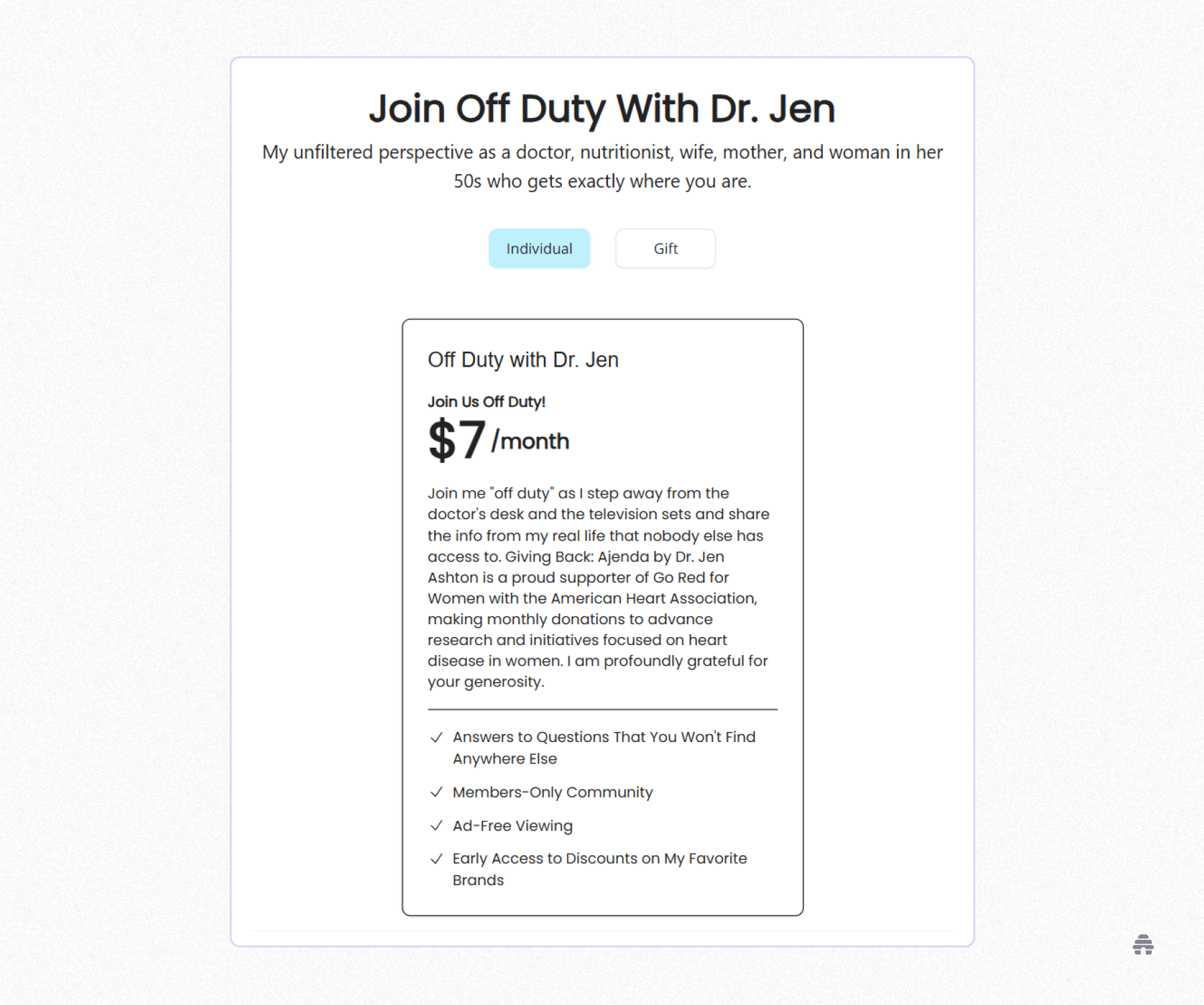 Subscription page for Dr. Jen’s ‘Off Duty’ membership outlining a $7/month plan with exclusive Q&A access, a members-only community, ad-free viewing, and product discounts
