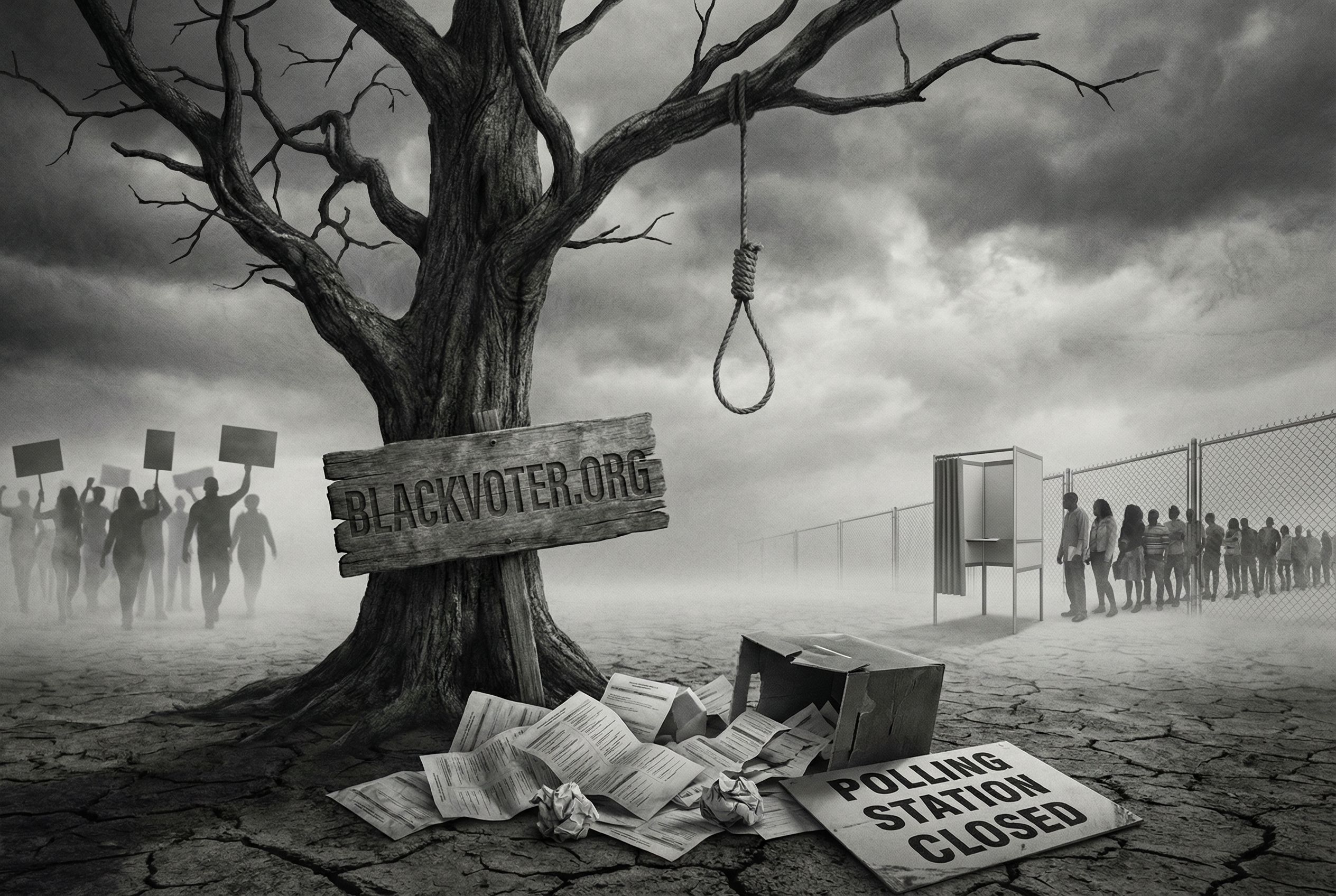 A stark, controversial image depicting the historical and modern forms of lynching related to voting rights. The scene transitions from a historical lynching tree to modern-day voter suppression tactics. The background includes haunting reminders of past 