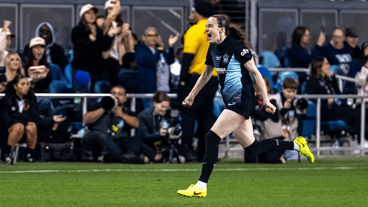 Rose Lavelle #16 of Gotham FC runs to her team mates to celebrate a goal during the NWSL Championship 2025 final between Washington Spirit and NJ/NY Gotham FC at PayPal Park on November 22, 2025 in San Jose, California.