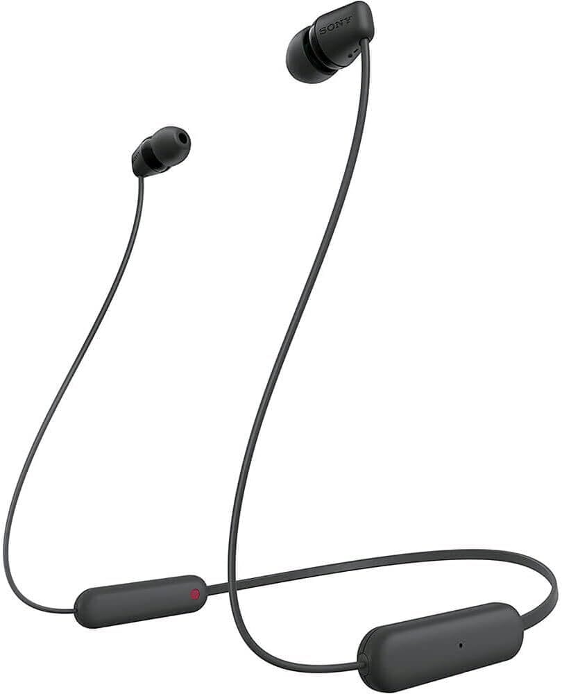 Sony WI-C100 Lightweight neckband earbuds with inline controls, resting beside a laptop—offering reliable audio and long battery life for daily routines.