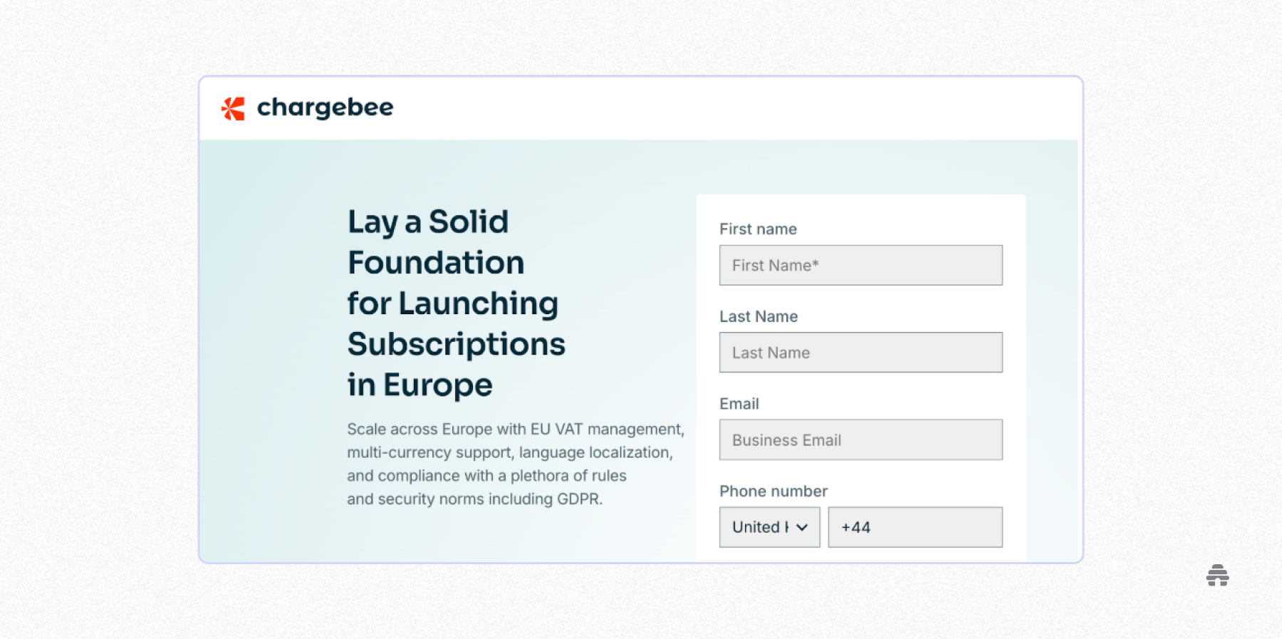 Screenshot of Chargebee’s website promoting subscription management for SaaS, highlighting EU VAT compliance, multi-currency support, and billing infrastructure for global businesses.