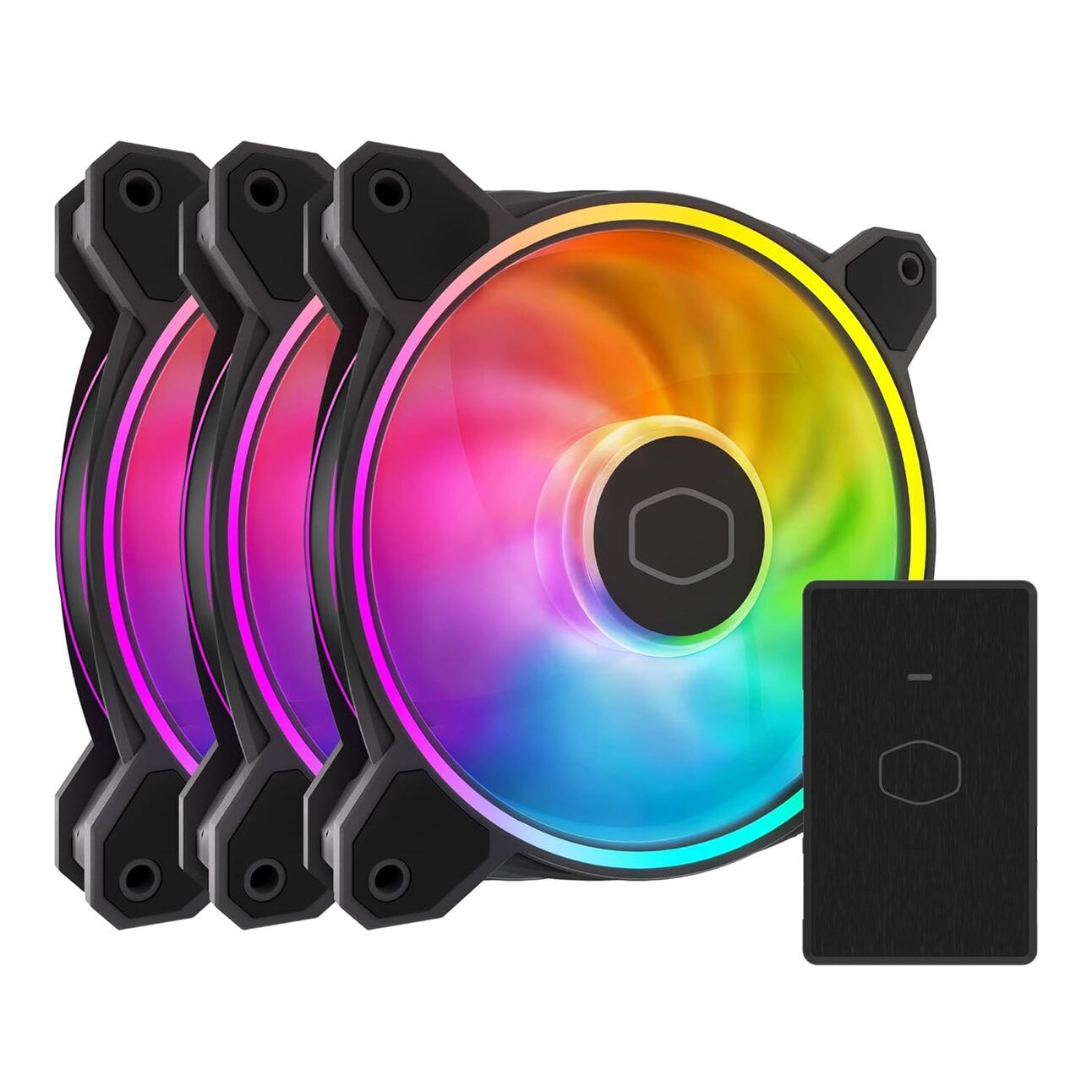Cooler Master MF120 Halo – The Budget Beauty A 120mm fan with dual RGB rings and white fan blades, adding a bright, colorful touch to an entry-level gaming setup featuring Fortnite.