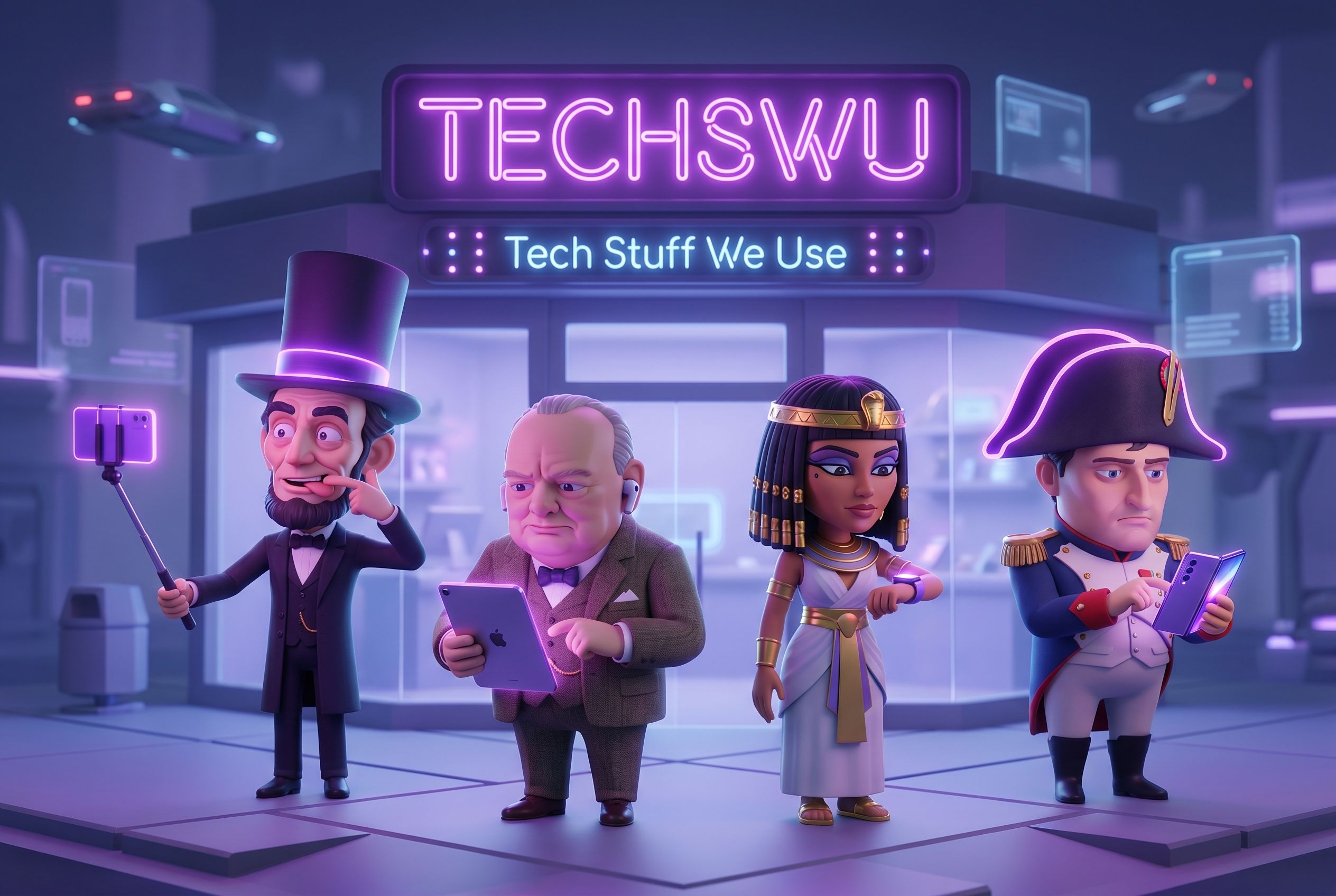 Famous World Leaders as Tech Bros A bold, satirical futuristic 3D render of the TECHSWU store glowing with presidential-purple neon, "Tech Stuff We Use" emblazoned in lights. Stylized, non-realistic 3D caricatures of historic world leaders — Abraham Linco