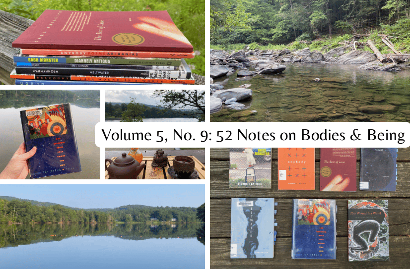 A grid of photos of the lake, the river, stacks of books, and tea setups, with the text: Volume 5, No. 9: 52 Notes on Bodies & Being on white in the center.