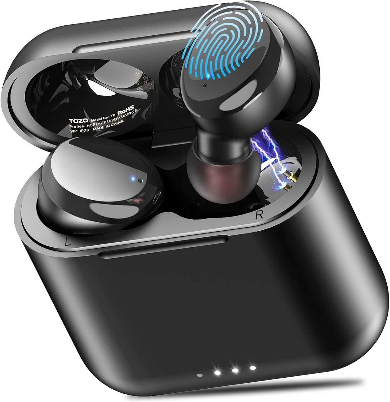 TOZO T6 Sleek black wireless earbuds resting in an oval-shaped charging case, with water droplets nearby to highlight waterproof design—ideal for workouts or rainy days.