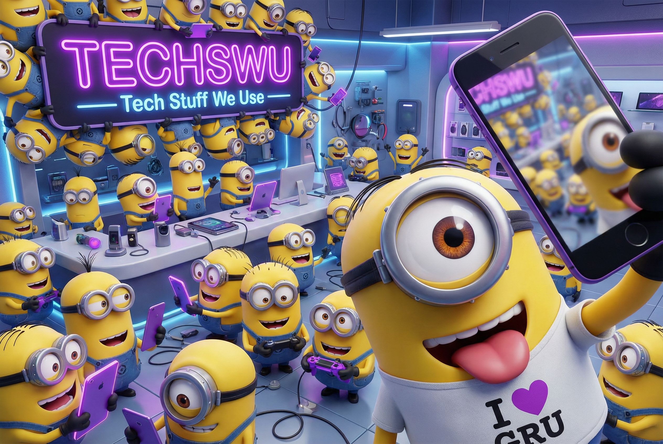 Minions Take Over TechSwu A hilariously chaotic, futuristic 3D render of the TECHSWU store absolutely overrun by Minions, the purple "Tech Stuff We Use" sign half-covered by yellow hands. Dozens of Minions in goggles hold glowing purple phones, tablets, a