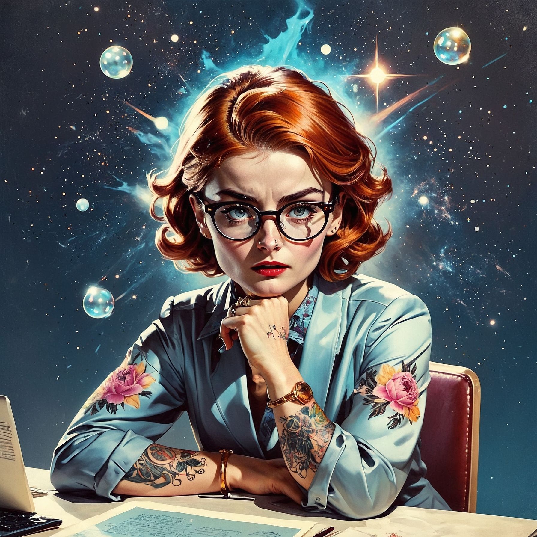 Whimsical digital portrait of a red-haired woman with vintage-style curls, wearing glasses and a light blue blouse embroidered with cats and flowers on the sleeves. She sits confidently at an office desk with folded arms, framed by sunflowers and leaves, against a dreamy, star-filled background with a glowing moon. The scene blends retro office aesthetics with surreal, fantasy-inspired elements.