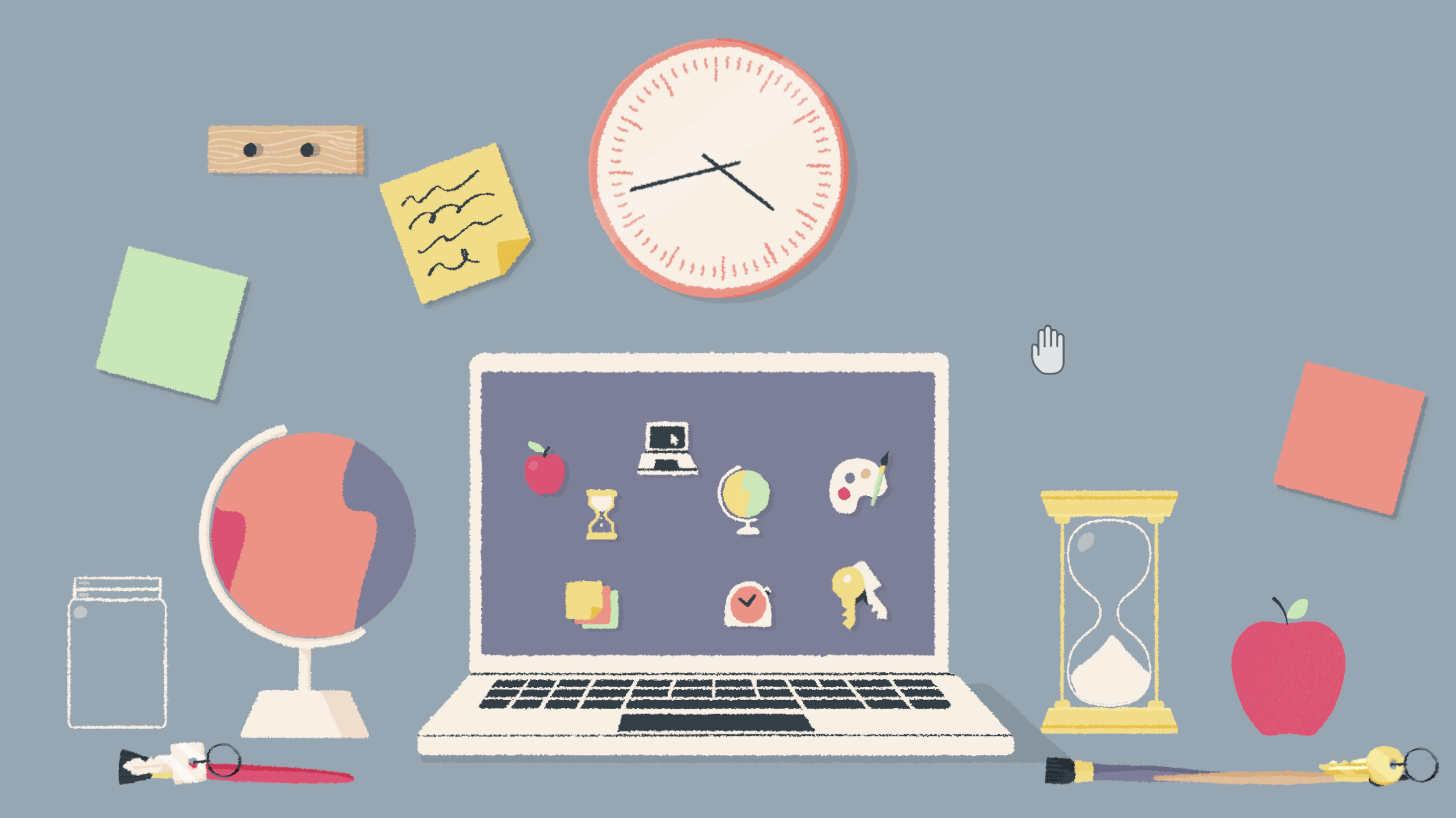 A screenshot from A Little to the Left, showing a bunch of objects on and around a desk, such as a laptop, globe, hourglass, apple, sticky notes, etc. The image uses a simple art style with bright, calming colors.
