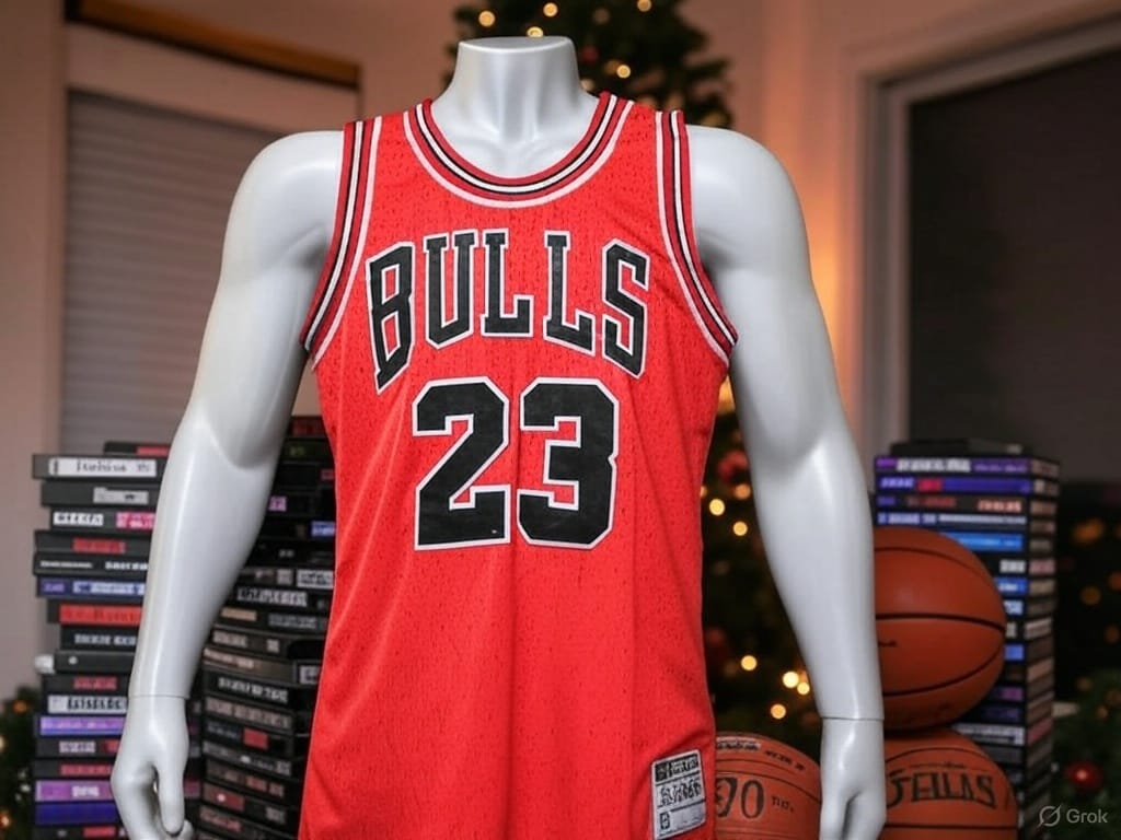 A striking cover art featuring the Chicago Bulls logo, a basketball, and a red Jordan-era jersey, surrounded by ’90s nostalgia like a VHS tape and championship vibes, accented with festive holiday touches like snowflakes and ornaments