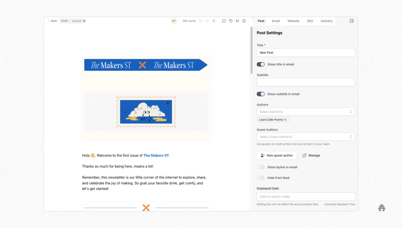 Newsletter editor interface showing a draft post titled “The Makers ST,” with settings for title, authors, and email display—illustrating tools creators use to write, manage, and publish newsletter content.