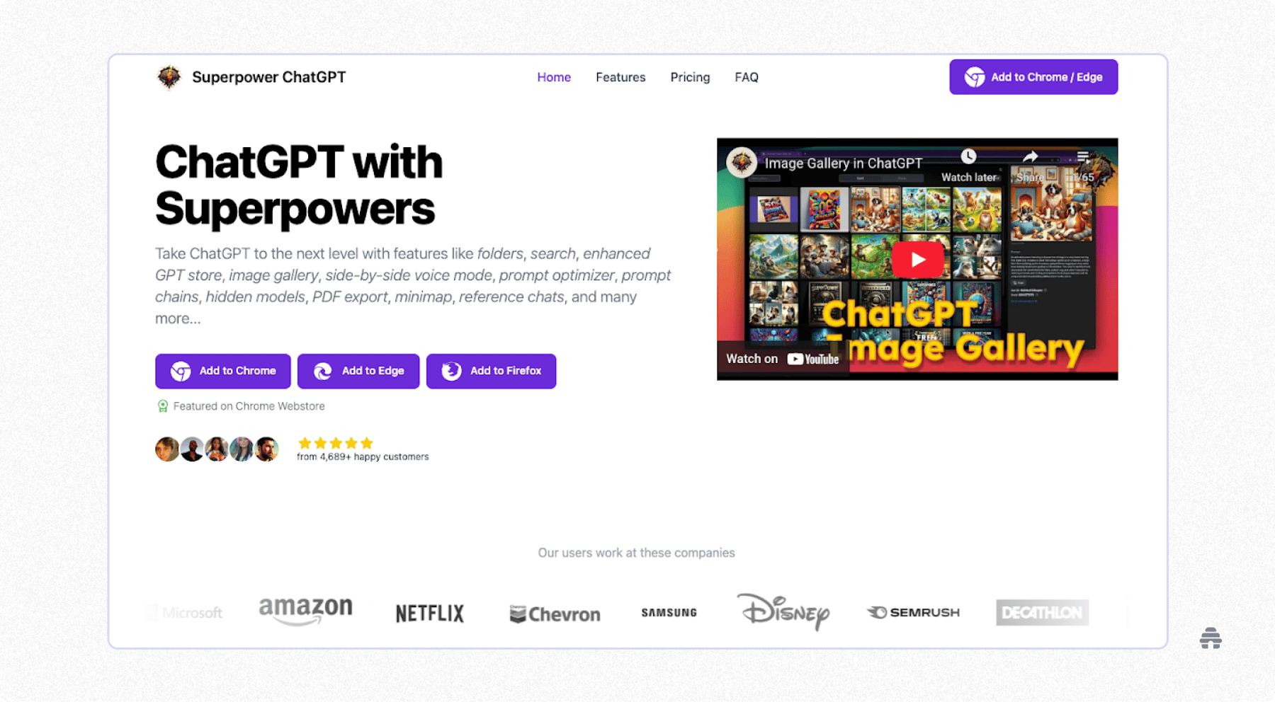 Landing page for the Superpower ChatGPT browser extension showing its key features—folders, search, image gallery, voice mode, prompt tools—and installation buttons for Chrome, Edge, and Firefox, alongside a preview video and customer ratings.