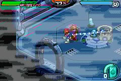 A screenshot of Jenosa using the tether to pull a heavy object onto a switch, while enemies chase her from behind.