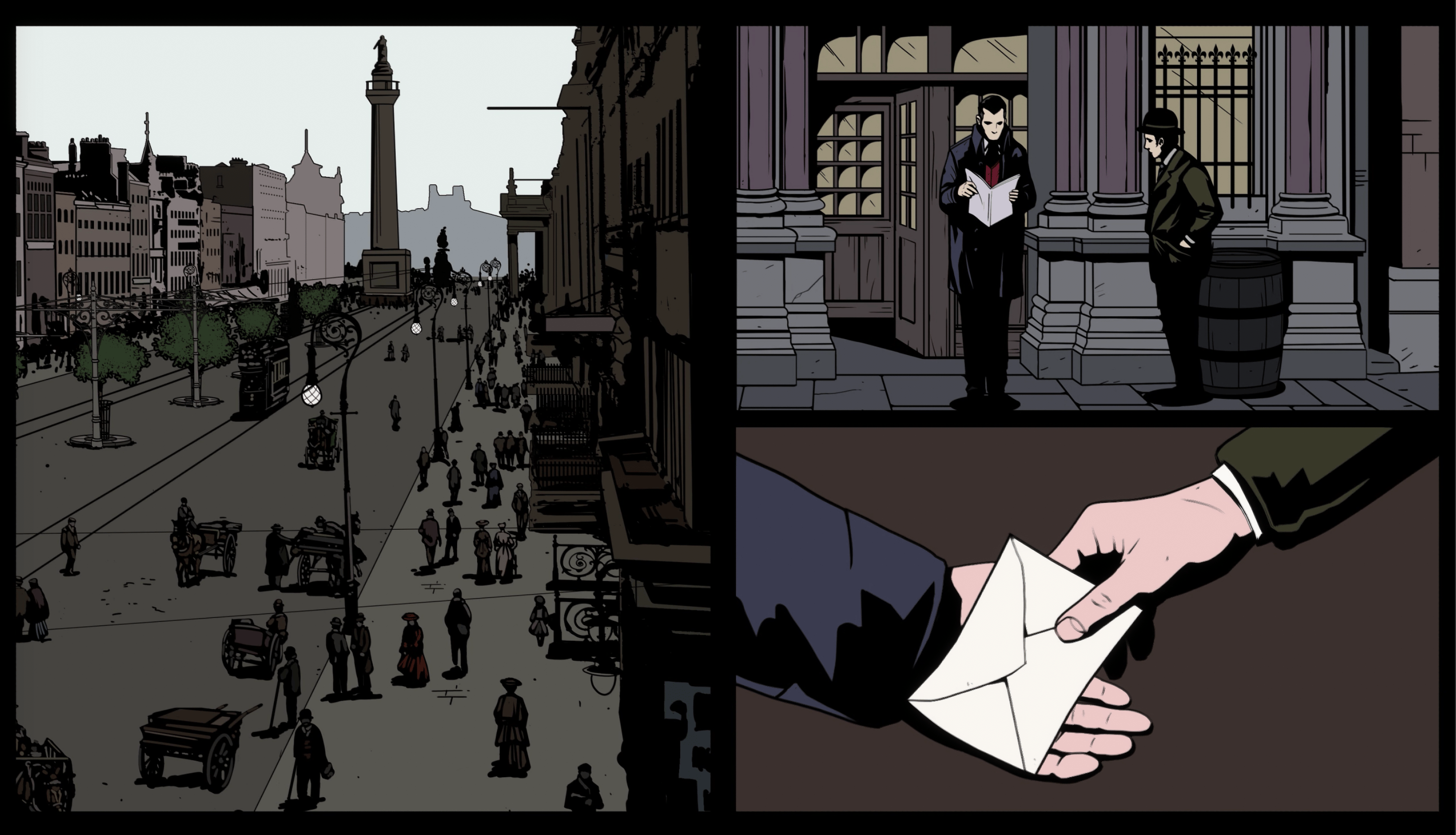 A screenshot from The Séance of Blake Manor showing three panels of images. The first is a view of the bustly streets of Victorian Dublin, Ireland. The second shows a man approaching another man who is reading a newspaper, and the third shows a letter being passed from one to the other.