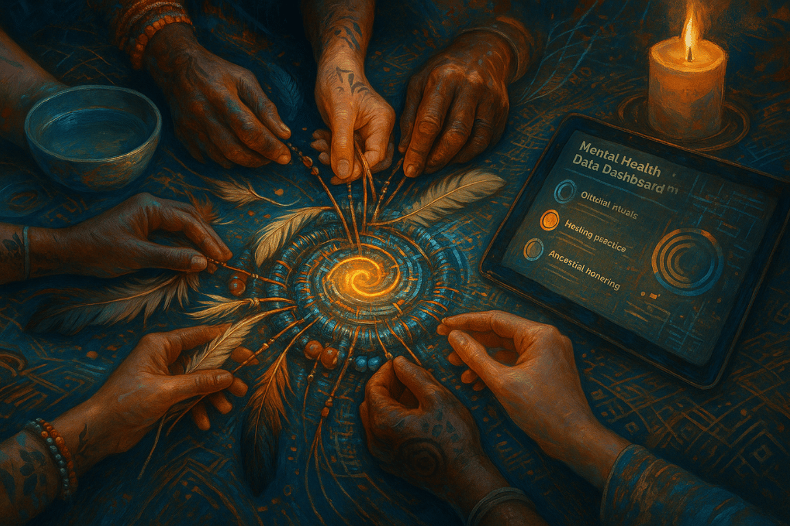 Hands of many backgrounds weave together beaded threads, circuit wires, and cultural objects into a shared healing device.