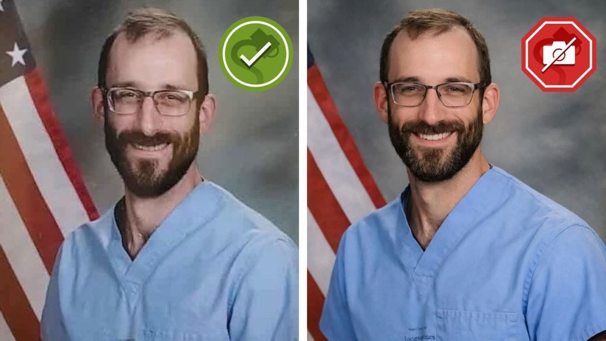 Two images of a white man wearing navy blue scrubs is shown. On the left, the person has less hair, a thinner face and neck and a lighter complexion than the image on the right. The image on the left has a green checkmark indicating it's a real image, while the image on the right has a red camera with a slash through it indicating it's fake.