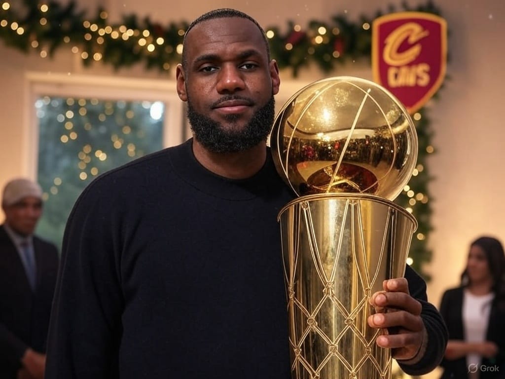 A vibrant cover art featuring the Cleveland Cavs logo, a basketball, and a LeBron James silhouette, alongside a 2016 championship trophy, wrapped in festive Christmas lights and snowflakes, celebrating the enduring magic of that historic win