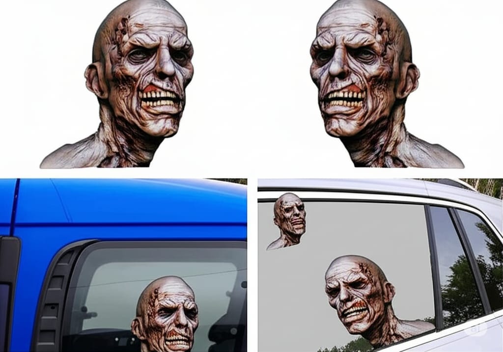A 2x2 grid showcasing a zombie head sticker with green skin and yellow eyes. Top quadrants display the sticker on a solid white background. Bottom-left shows the sticker on a blue car window; bottom-right shows it on a white car window, both with a clean white background in a 16:9 landscape aspect ratio.
