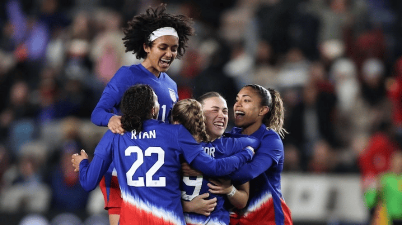 Ally Sentnor #9 of United States celebrates with her teammates after scoring the second goal during a 2025 SheBelieves Cup match