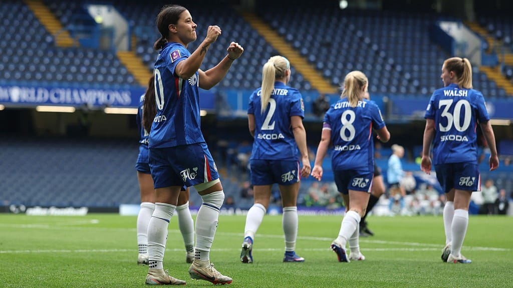 Sam Kerr of Chelsea celebrates after scoring her teams 2nd goal during the Adobe Women's FA Cup Semi Final match between Chelsea and Manchester City at Stamford Bridge on May 10, 2026 in London, England.