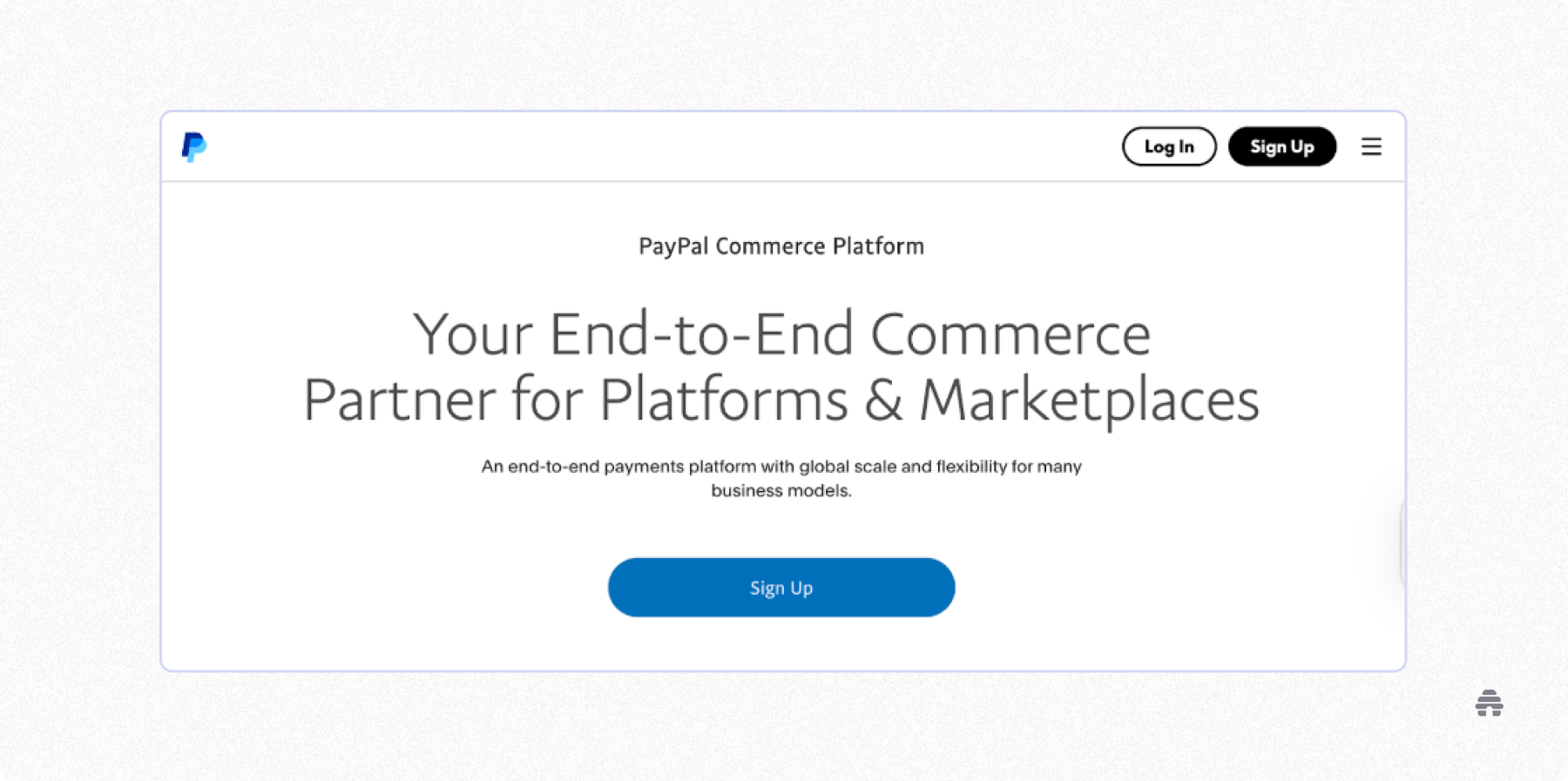Screenshot of PayPal Commerce Platform highlighting end-to-end payment solutions for platforms and marketplaces with global scalability.