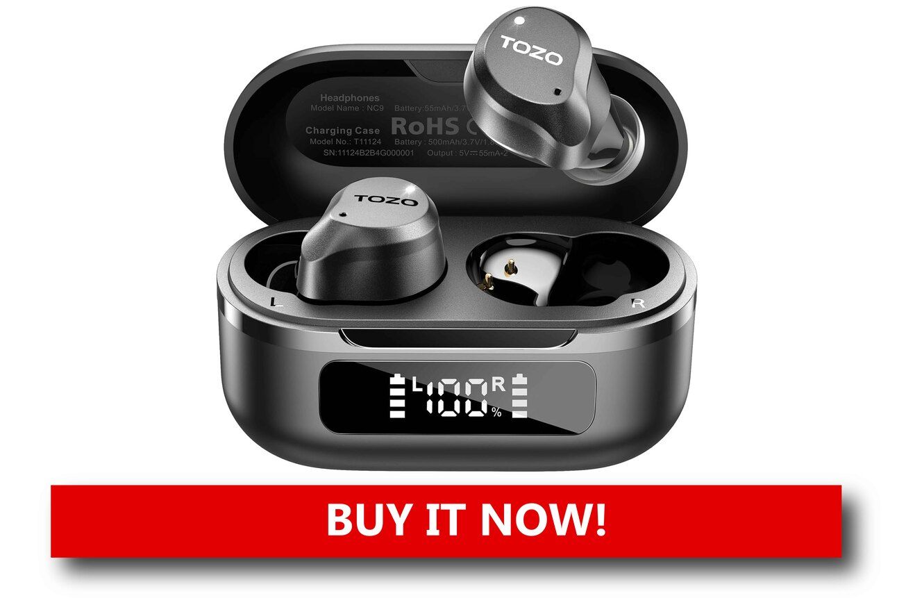 Noise-Canceling Earbuds for Planes and Trains A pair of wireless noise-canceling earbuds in a charging case on a tray table, with a sleeping passenger wearing them mid-flight.