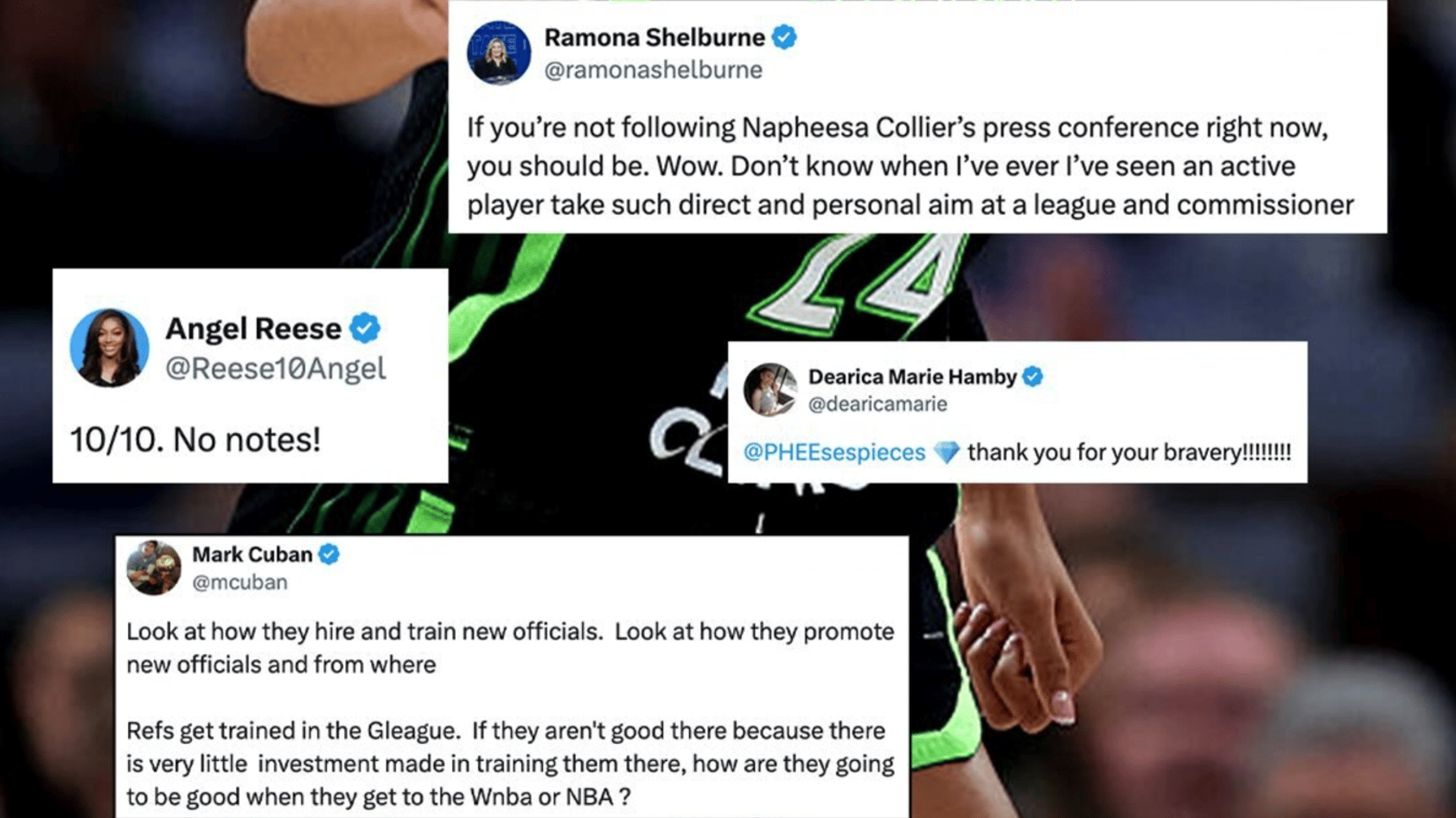 Collection of Twitter screenshots overlayed on a photo of WNBA star Napheesa Collier.