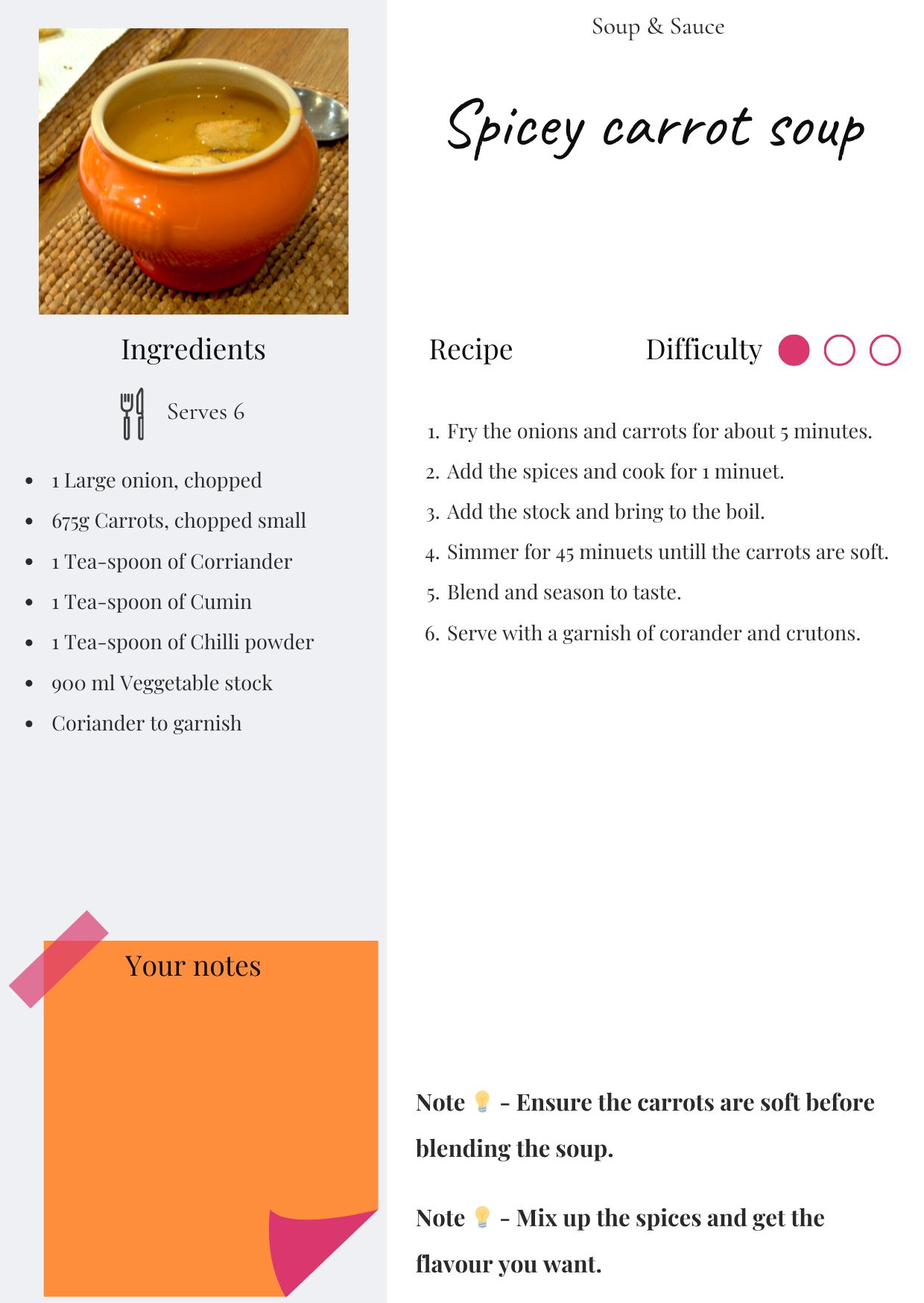 Spiced carrot soup recipe card