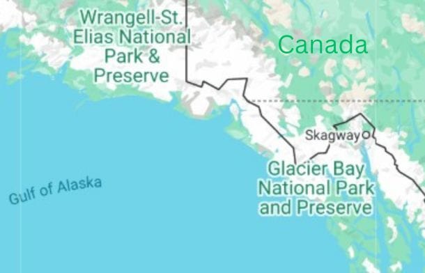 Image shows a map of Skagway, Alaska, and Glacier Bay National Park and Preserve.