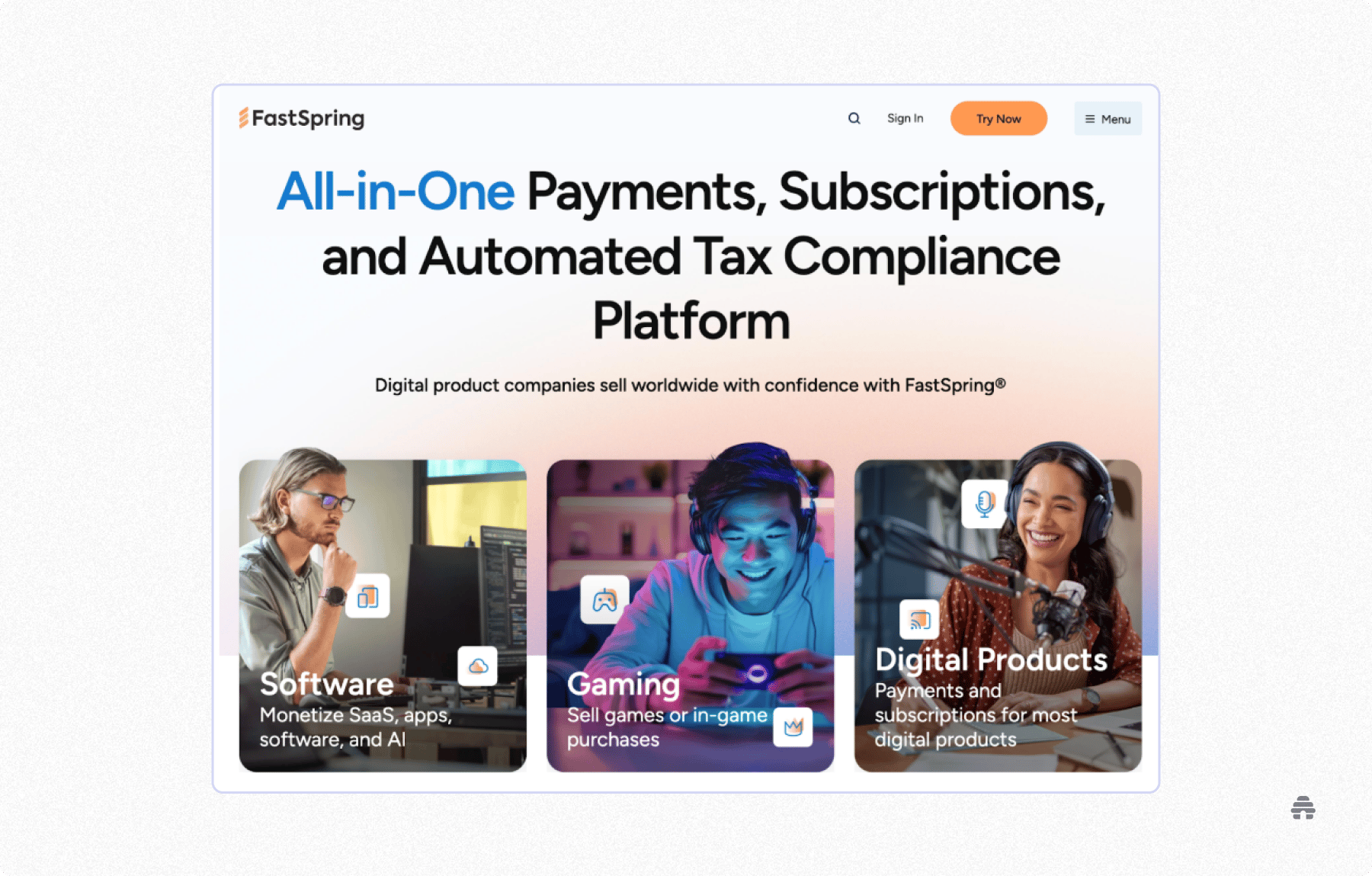 Screenshot of FastSpring’s website promoting an all-in-one payments and subscription platform with automated global tax compliance for digital products and SaaS.