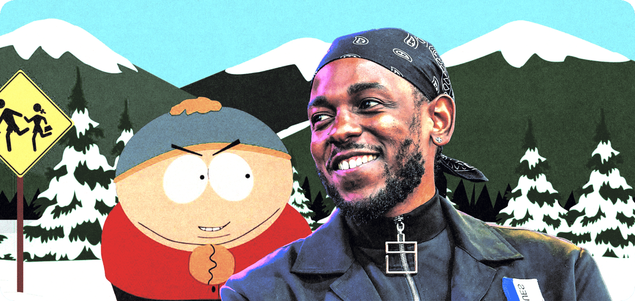 Kendrick Lamar in front of a South Park illustration