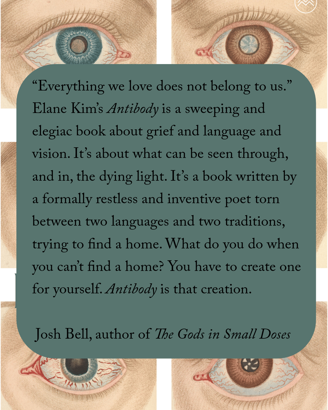 “Everything we love does not belong to us.” Elane Kim’s Antibody is a sweeping and elegiac book about grief and language and vision. It’s about what can be seen through, and in, the dying light. It’s a book written by a formally restless and inventive poet torn between two languages and two traditions, trying to find a home. What do you do when you can’t find a home? You have to create one for yourself. Antibody is that creation. JOSH BELL, author of The Gods in Small Doses 