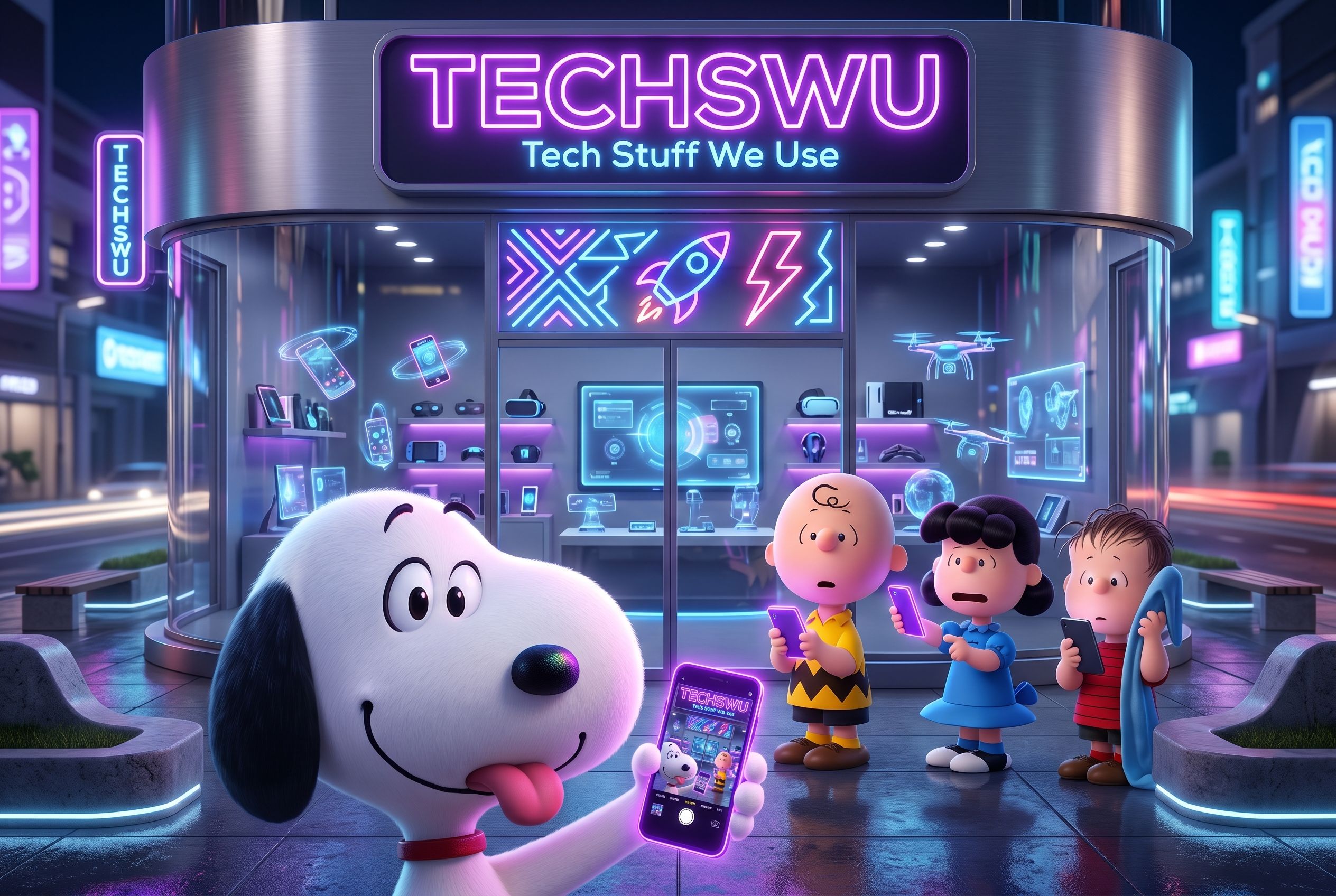 The Peanuts Gang: A captivating, futuristic 3D render of the TECHSWU store, illuminated by a striking light purple sign bearing the catchy slogan "Tech Stuff We Use". The sleek, contemporary exterior is adorned with a vibrant neon display, while the inter