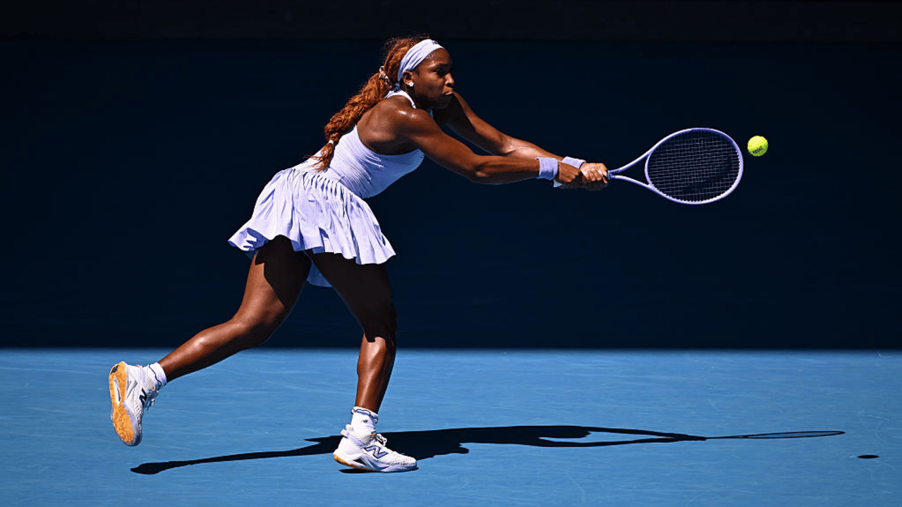Coco Gauff of the United States in action against Kamilla Rakhimova of Uzbekistan during the Women's Singles first round match of the 2026 Australian Open at Melbourne Park on January 19, 2026 in Melbourne, Australia. 