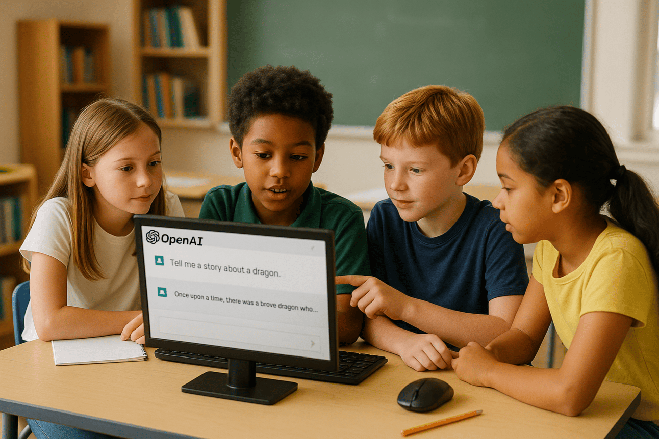 Four children, aged 8 to 12, sit together at a classroom desk, focused on a desktop computer displaying a child-friendly generative AI chat interface. The screen shows the prompt “Tell me a story about a dragon,” followed by a story beginning with “Once upon a time, there was a brave dragon who...” The children, diverse in race and gender, appear engaged and curious—one child points at the screen while the others look on attentively. The classroom features bookshelves, a chalkboard, and warm natural lighting, creating a collaborative and inviting learning environment.