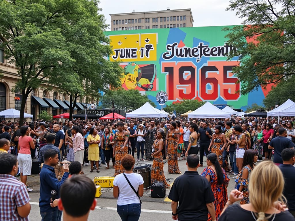 Juneteenth celebration with people waving red, black, and green flags