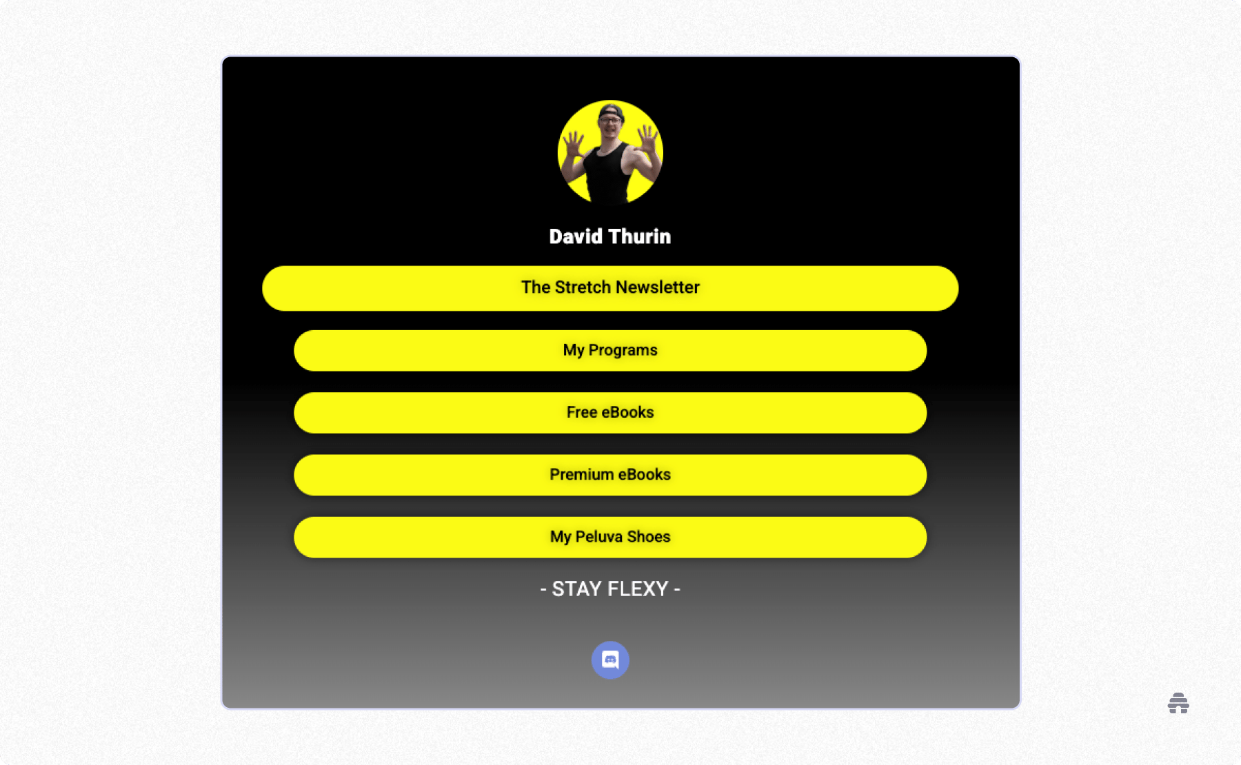 Landing page for creator David Thurin featuring links to his Stretch Newsletter, programs, free and premium eBooks, and Peluva shoes, presented in a bold yellow-and-black layout with a “Stay Flexy” tagline.