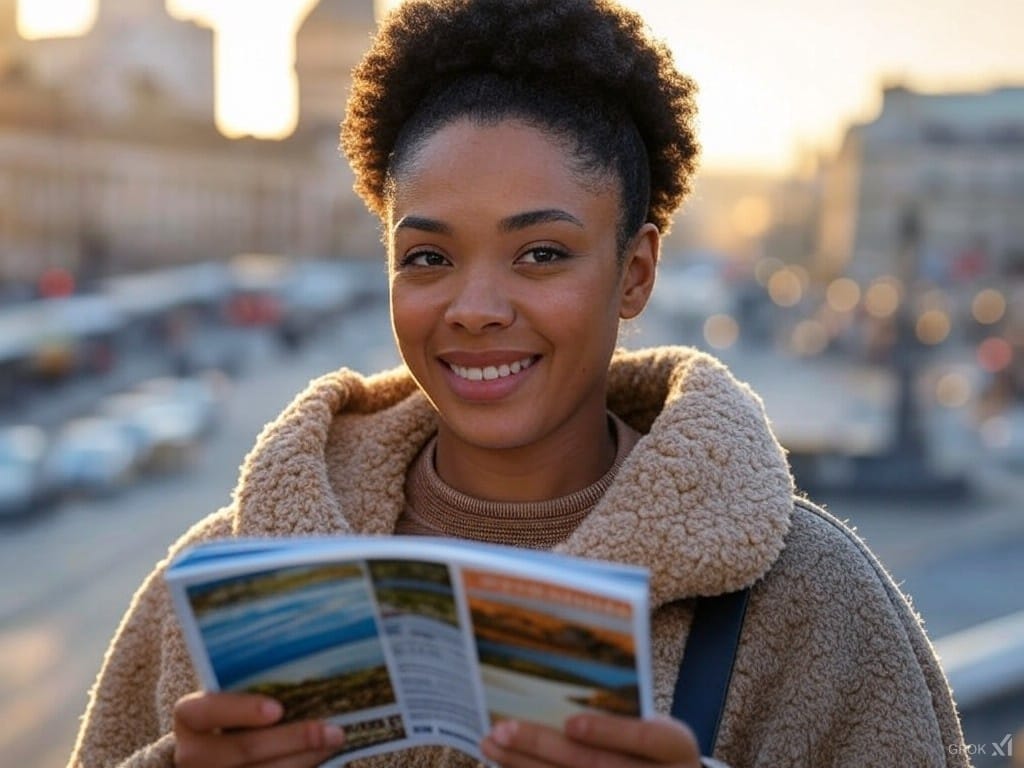 Black solo traveler taking photos in a historic city