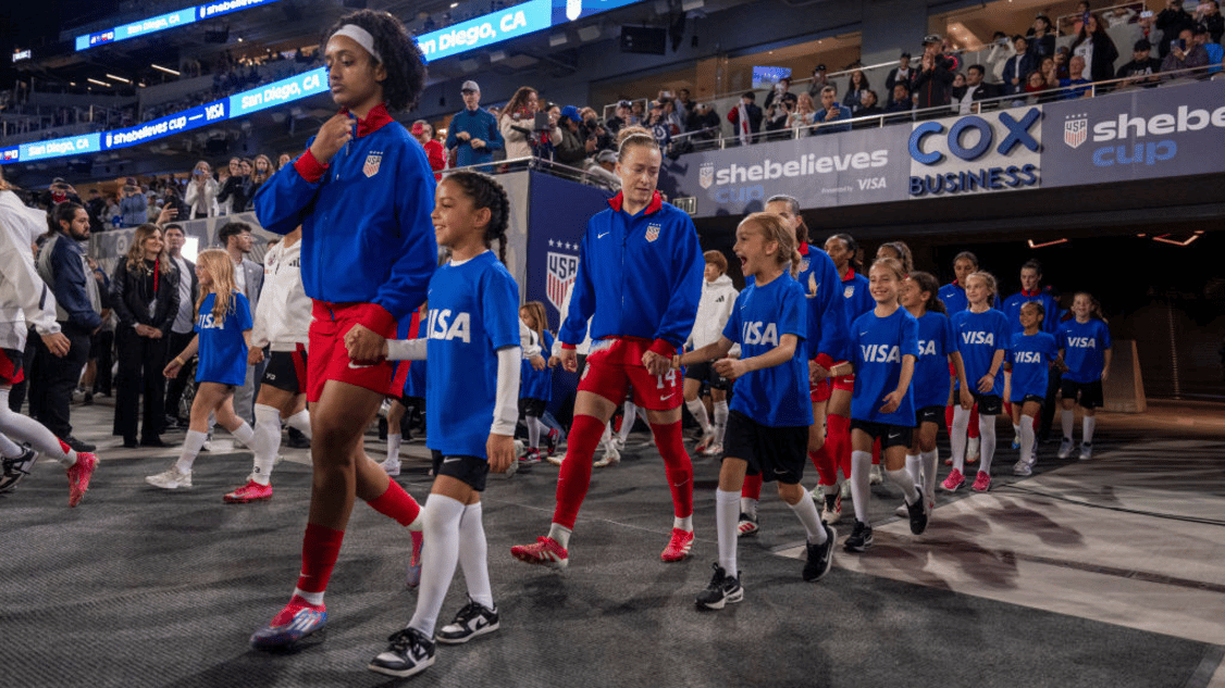 Lily Yohannes #11 of the United States walks onto the field before the final match of the SheBelieves Cup between Japan and USWNT at Snapdragon Stadium on February 26, 2025 in San Diego, California. 