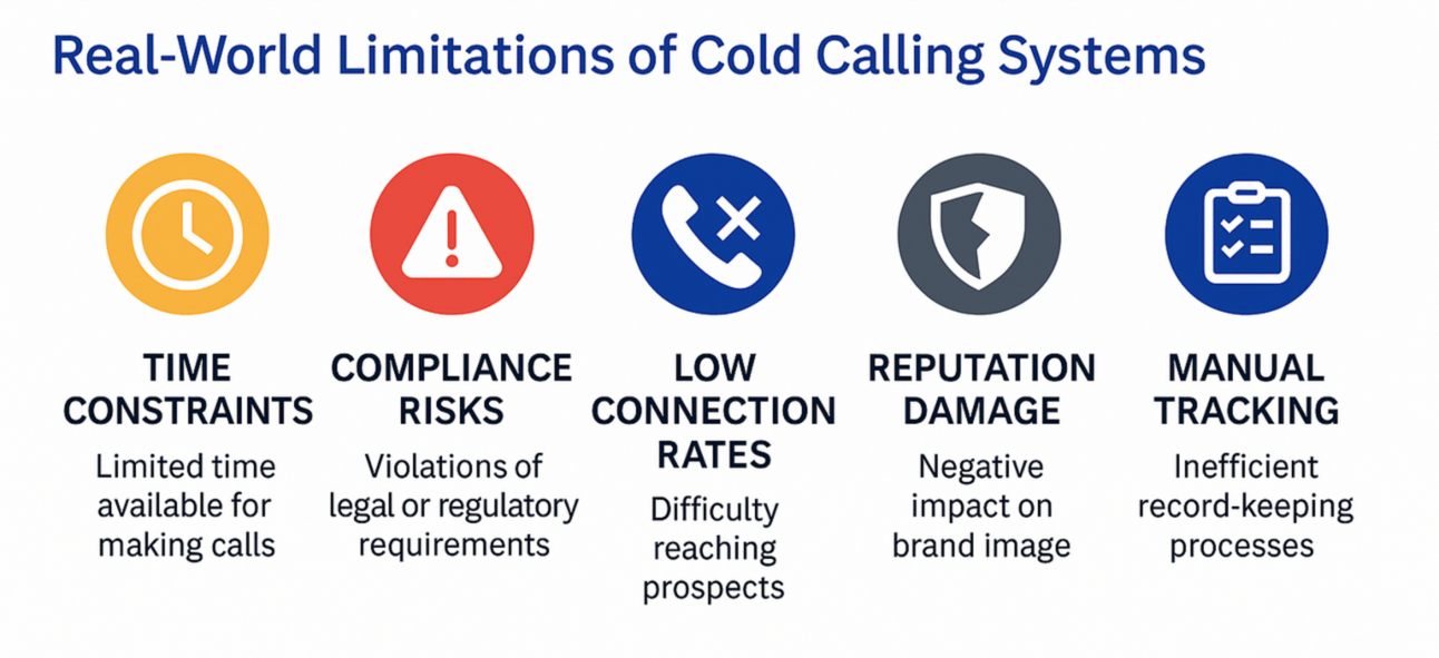 Infographic showing phone calling limitations including time constraints and compliance risks
