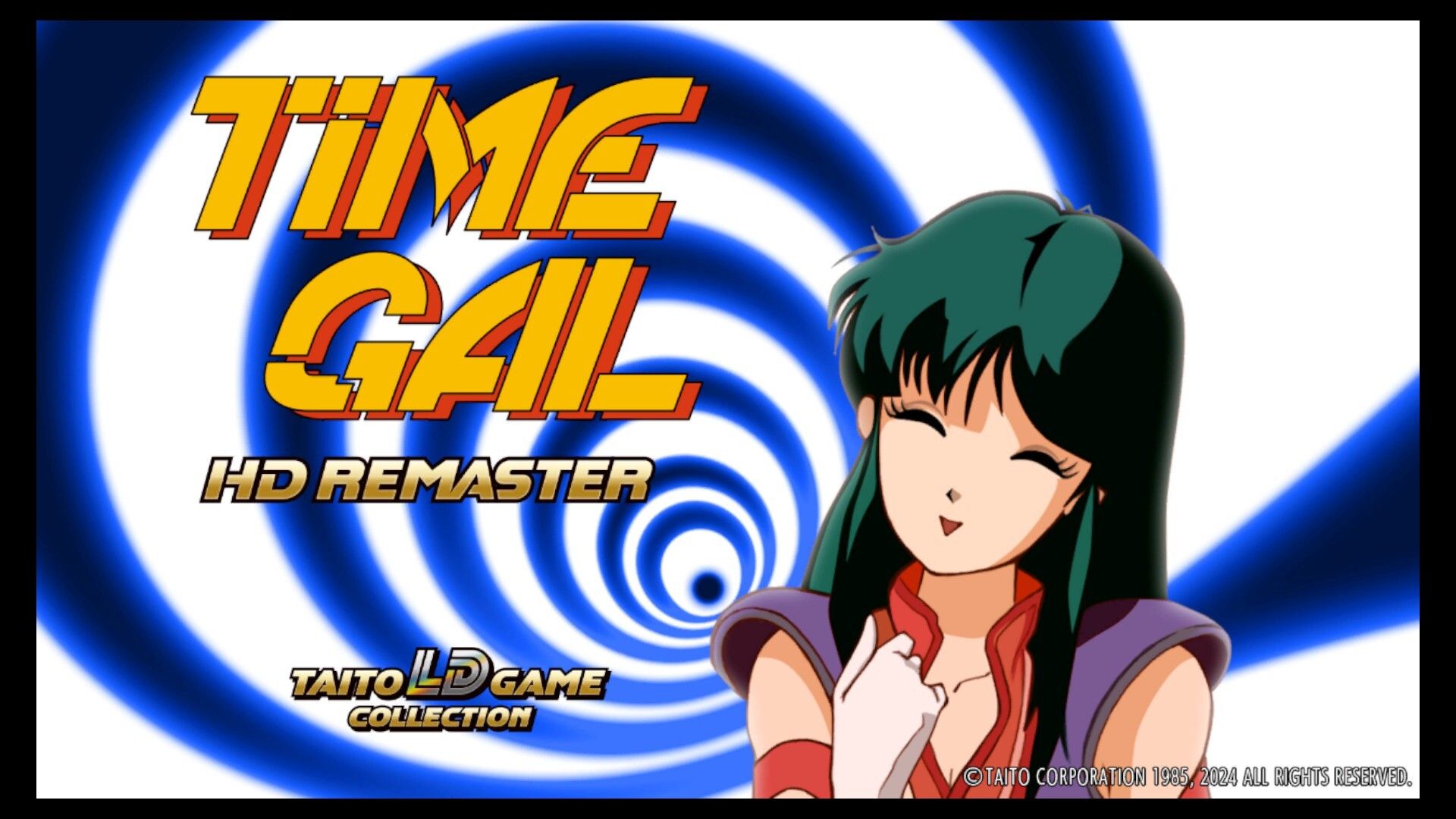 A screenshot of the title screen for the HD remaster of Time Gal, with the hypnotic tunnel protagonist Reika travels through time in as the background, with a smiling Reike up front.