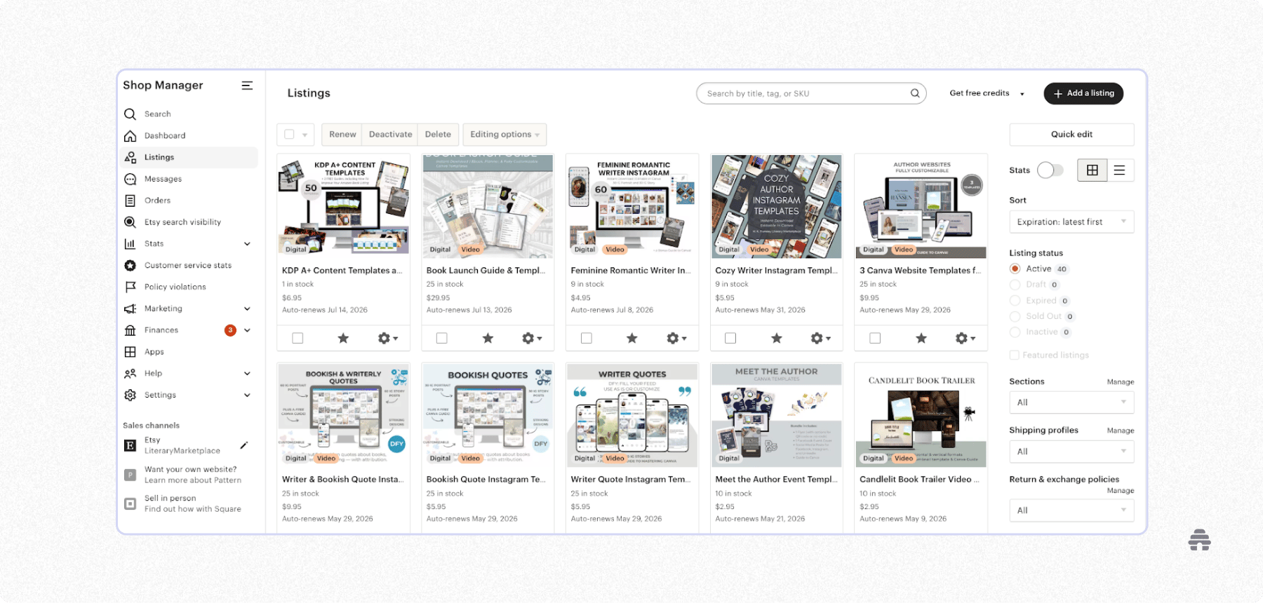 Etsy Shop Manager dashboard displaying product listings and digital templates, showing how creators manage, sell, and optimize products in an online marketplace