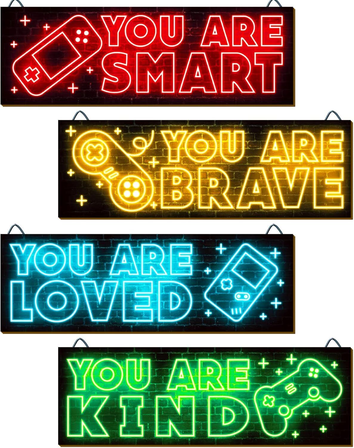 Neon Game Art Prints – Bold Inspiration for Gamers Alt text: Set of four wooden wall art prints with neon-inspired gamer designs and inspirational quotes, sized 12x4 inches, ideal for gaming setups and boys' rooms.