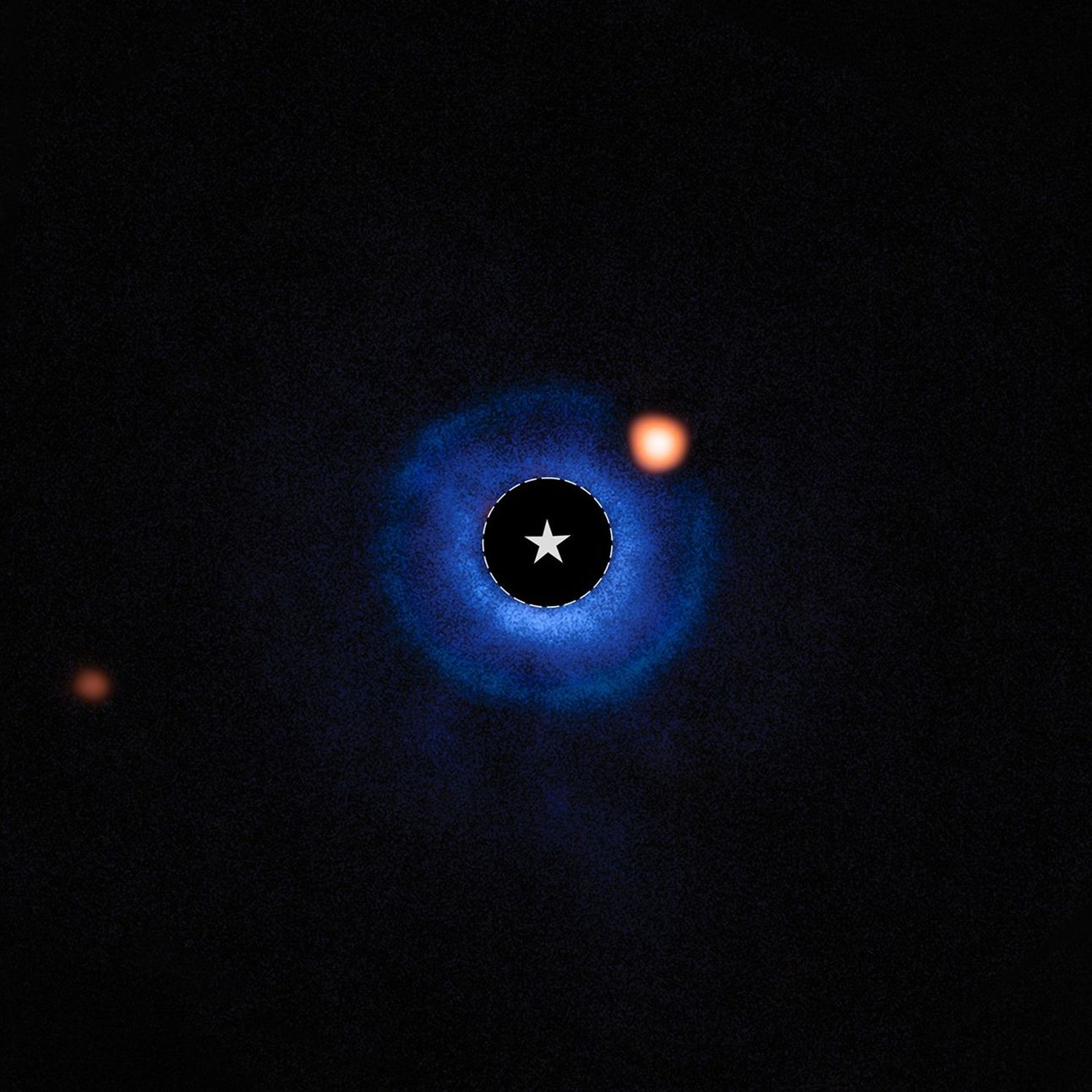 Astronomers using NASA’s James Webb Space Telescope have captured compelling evidence of a planet with a mass similar to Saturn orbiting the young nearby star TWA 7. In this image combining ground-based data from ESO’s Very Large Telescope (VLT) and data from Webb’s MIRI (Mid-Infrared Instrument), light from the star TWA 7 has been subtracted. The location of the star is marked with a circle and a star symbol at the center of the image. The blue color represents data from the VLT’s SPHERE instrument, which showcases the location of the disk surrounding the host star. MIRI data is shown in orange. The bright orange spot to the upper right of the star is the source identified as TWA 7 b, within the debris disk. The more distant orange spot visible in the left of the image is an unrelated background star.