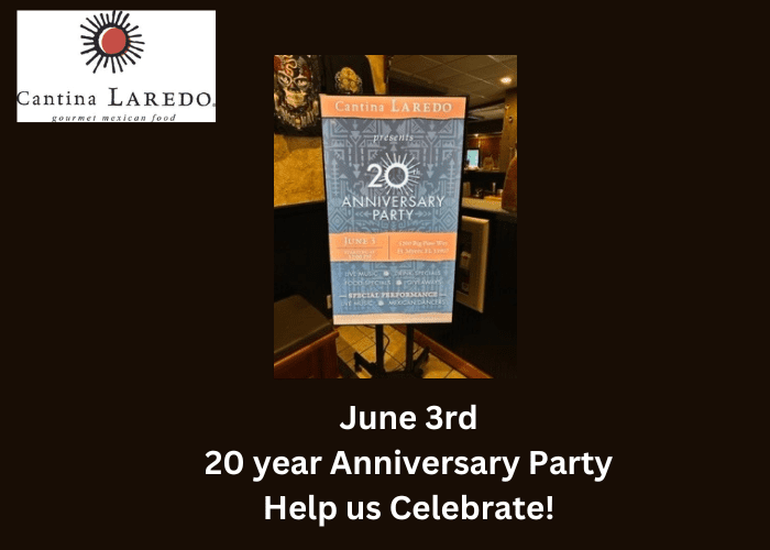 A sign that says 2 0 year anniversary party help us celebrate