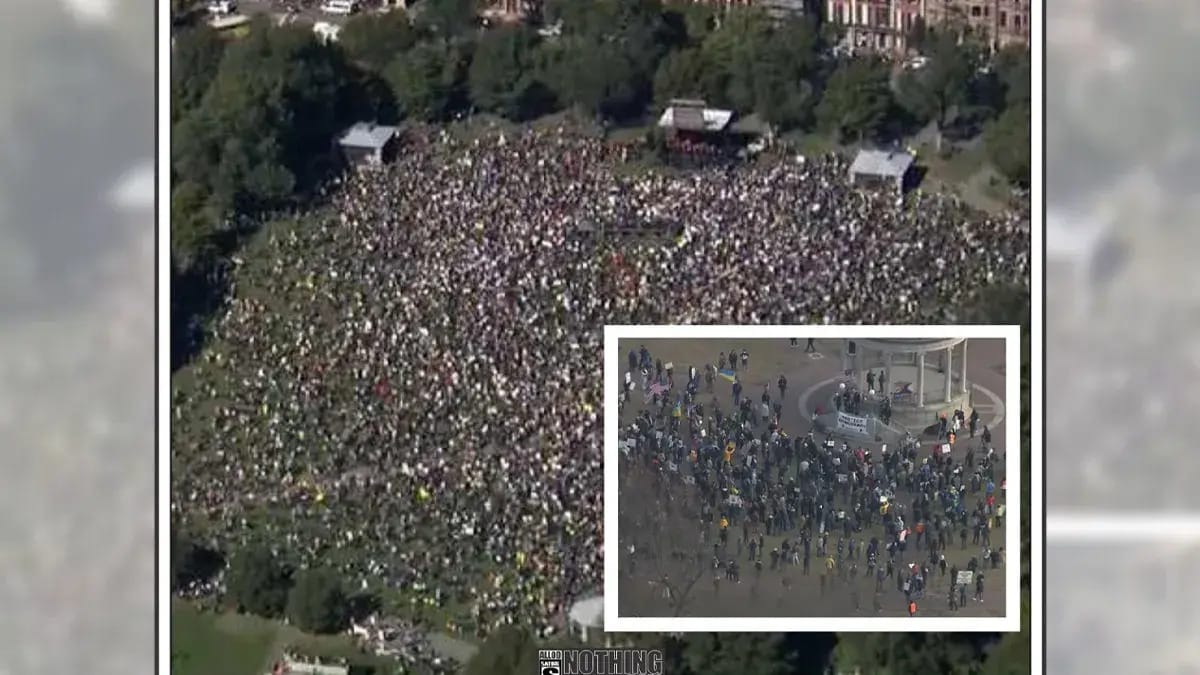 A photo appears to show a large crowd. A smaller insert image shows a much smaller crowd.