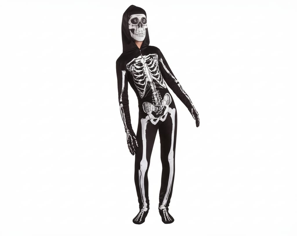 A person wearing a black, full-body skeleton costume with a hood stands against a solid white background in a landscape 16:9 aspect ratio.